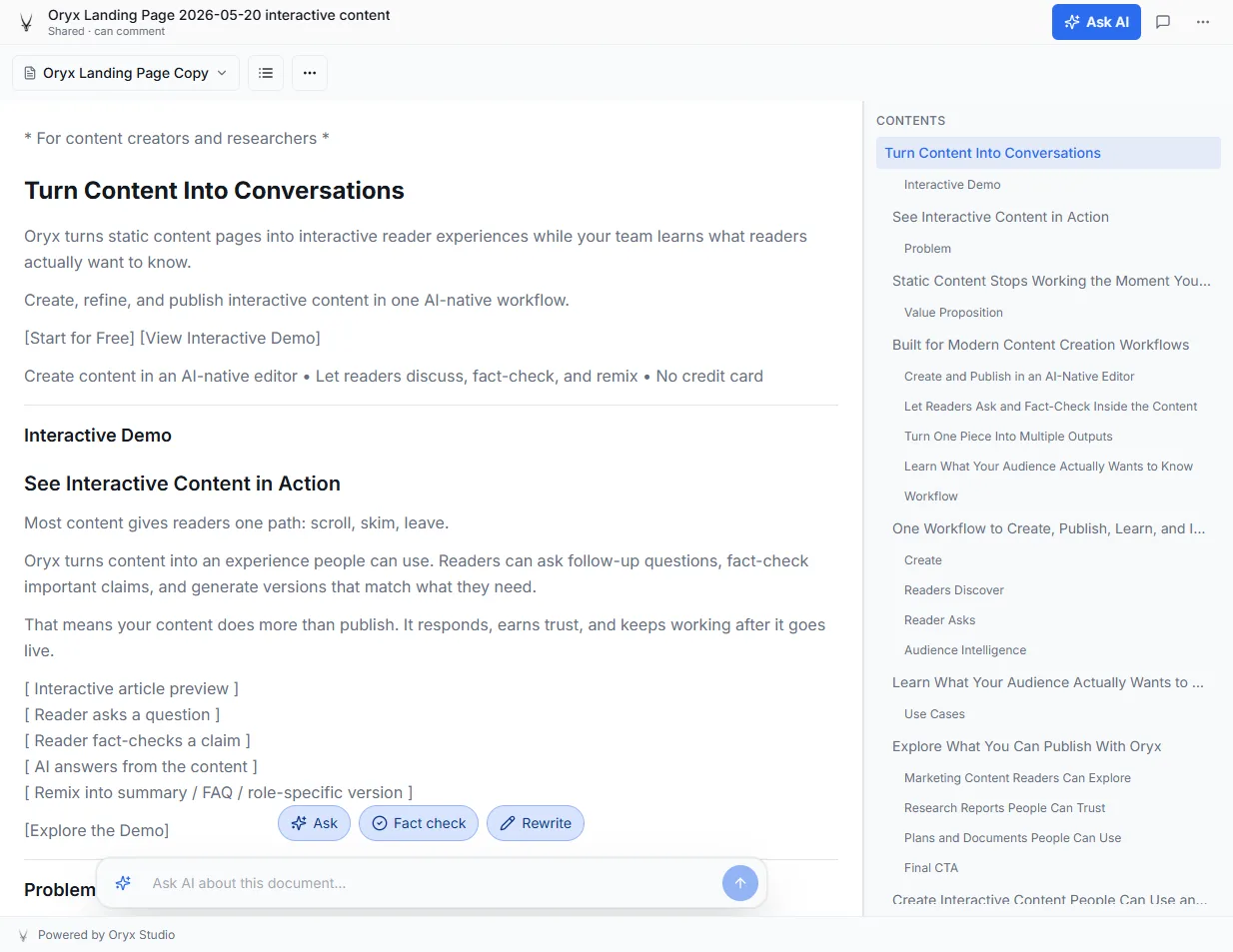 Oryx Studio interactive document - readers can ask the AI questions, fact-check claims, and remix the content